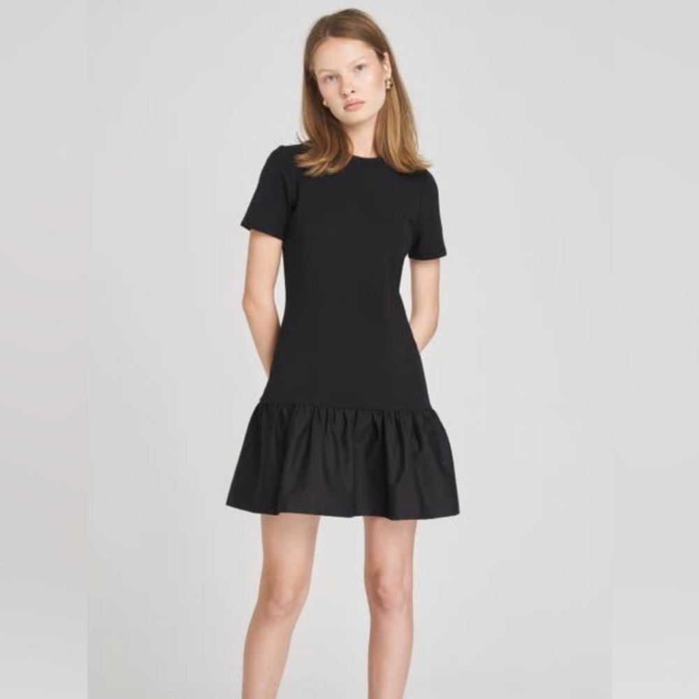 Wayf Tate Mixed Media Black Short Sleeve Ruffle-Hem Mini Dress
